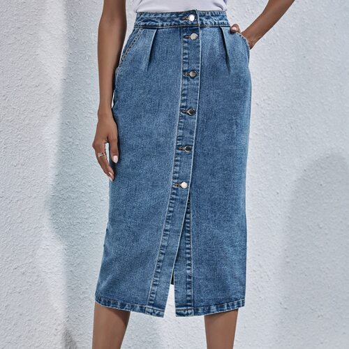 Women's high waisted single breasted denim skirt 牛仔半身裙