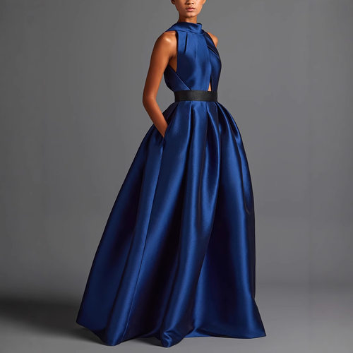 back pleated dress pocket straps and satin blue evening gown