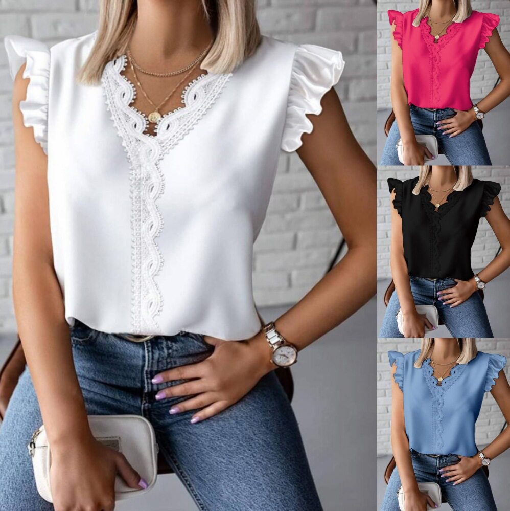 Lotus leaf edge simple V-neck lace patchwork loose shirt