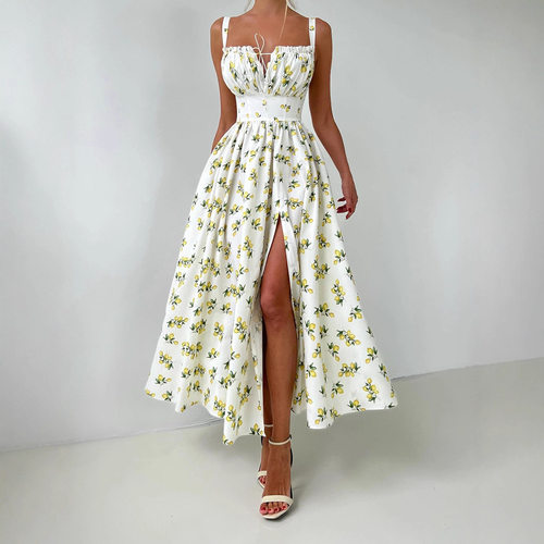 low collar lace up high waist slit high waist printed dress