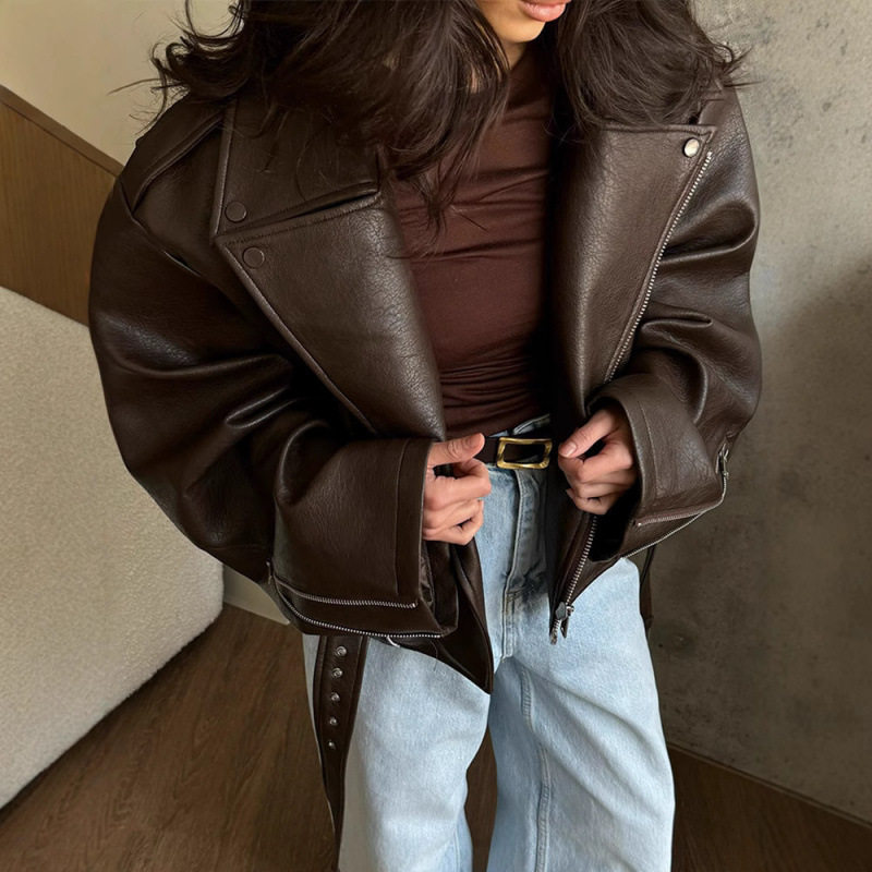 Flip collar short lace up trendy INS brown pu leather jacket图片