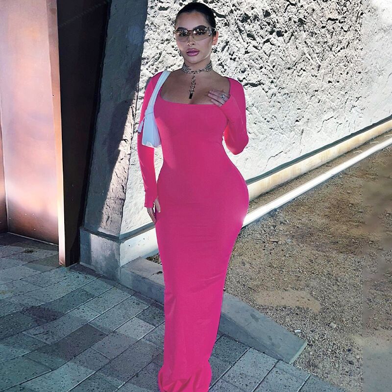 Long sleeved skirt sexy solid color U-neck hip hugging dress