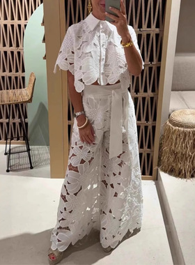 Hollow out casual lace shirt long pants casual set 休闲套装