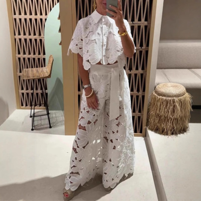 Hollow out casual lace shirt long pants casual set 休闲套装