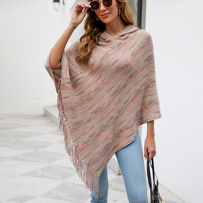 Knitted tassel shawl cape striped hooded women's scarf 披肩
