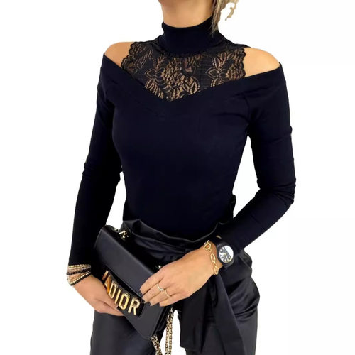 lace patchwork off shoulder long sleeved base shirt top 上衣