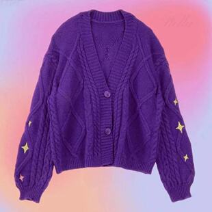 embroidered star casual knitted top Single sweater breasted