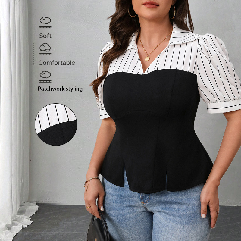 Large size women's striped patchwork top, short sleeved top