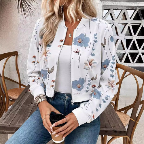 Women's zipper floral print long sleeved short casual jacket