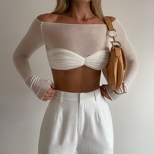 Short Long Sleeve One Piece Neck Waist Wrapped T-shirt