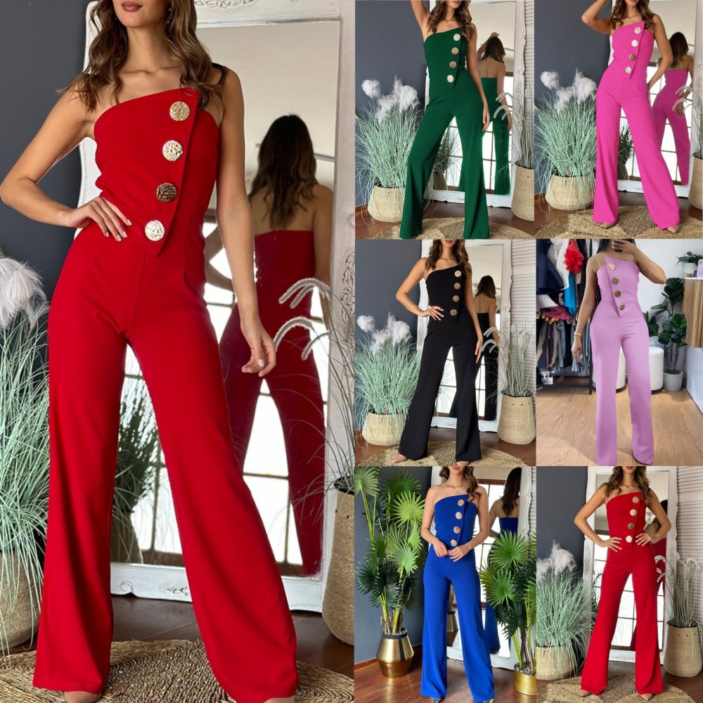 Summer strapless button decoration micro flared jumpsuit