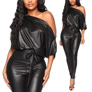 jacket with five Sexy sleeves leather quarter jumpsuit tight