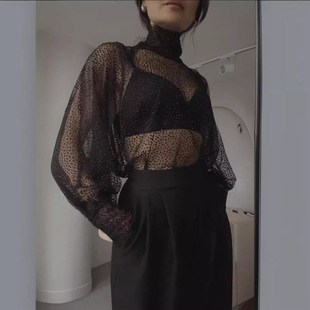 sequin pullover shirt打底衫 neck base mesh sleeved High long