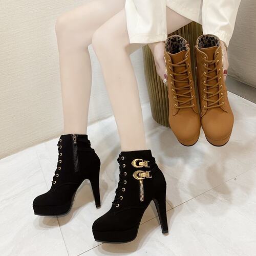 Martin boots, women's fashion lace up high heels short boots