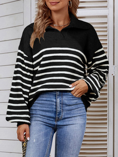毛衣 women striped POLO neck Contrast for sweater knitwear