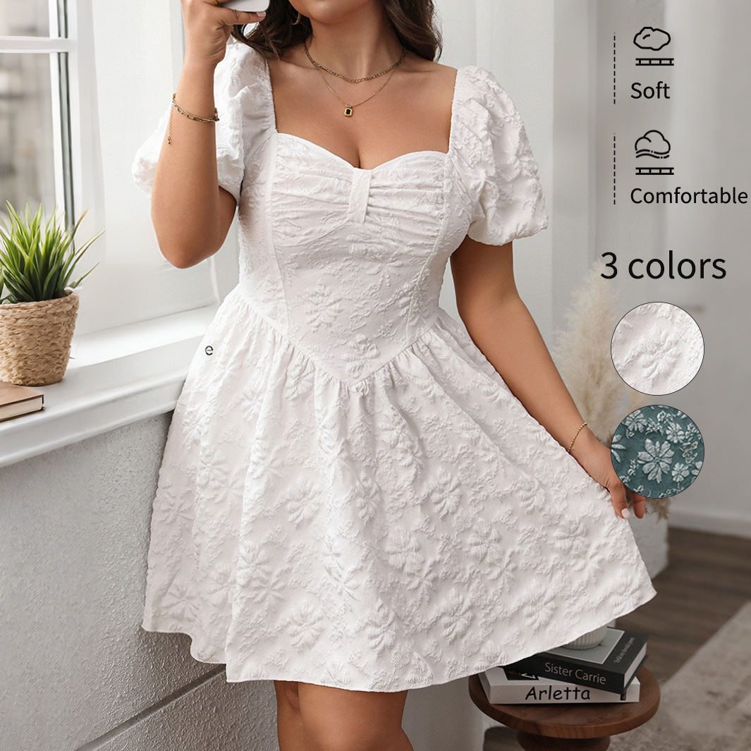 Large size 4xl women's square neck dress, fluffy short skirt