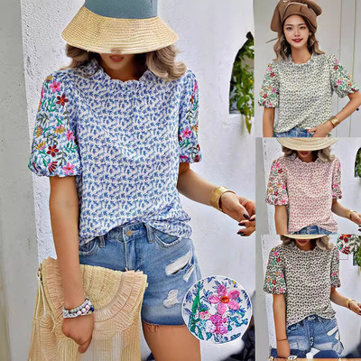 Embroidere print button up high neck short color blocked top