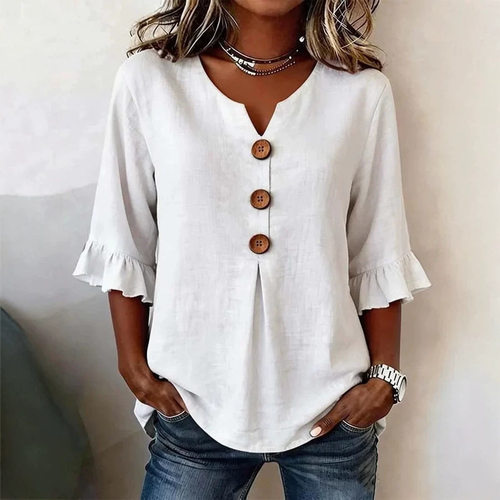 Women's V-neck Cotton and Hemp Shirt Fashion Button Top 上衣