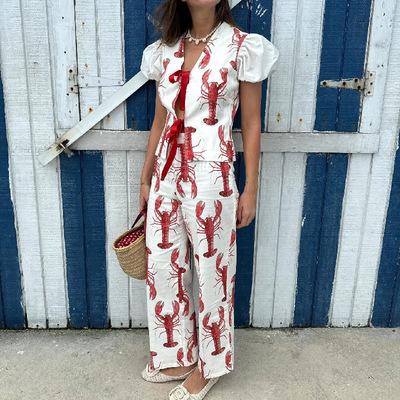 Crayfish printed bow casual two-piece set 印花休闲两件套装