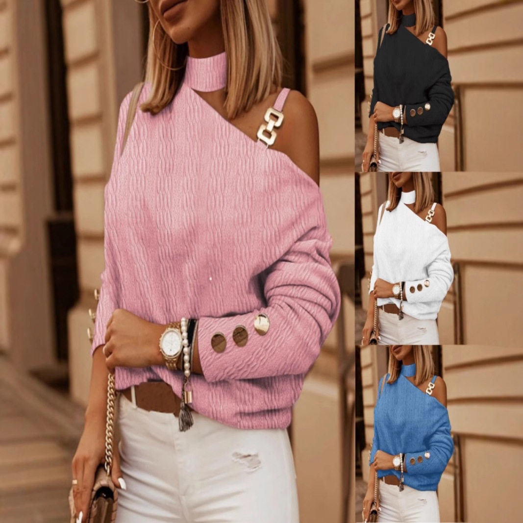 Fashionable sexy chain button decoration long sleeved shirt