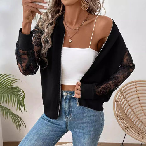 lace patchwork long sleeved baseball collar top jacket 外套