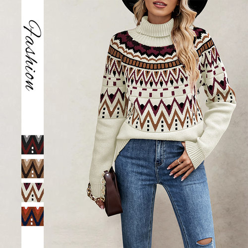 Women's Patchwork Color Block High-Neck Loose Knit Sweater