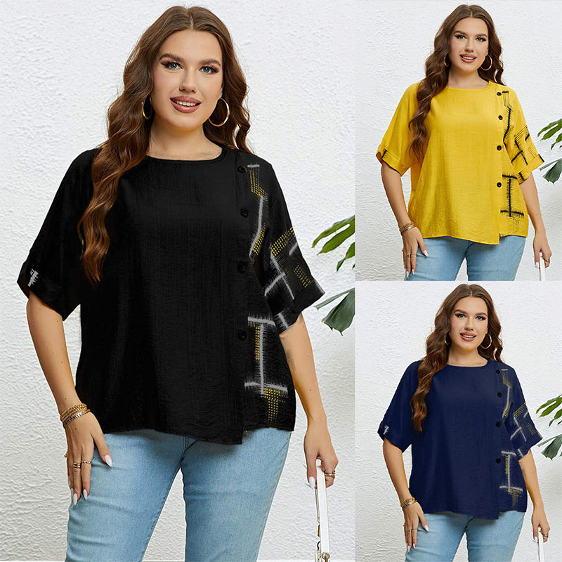 Large size women's summer round neck breasted loose top 上衣