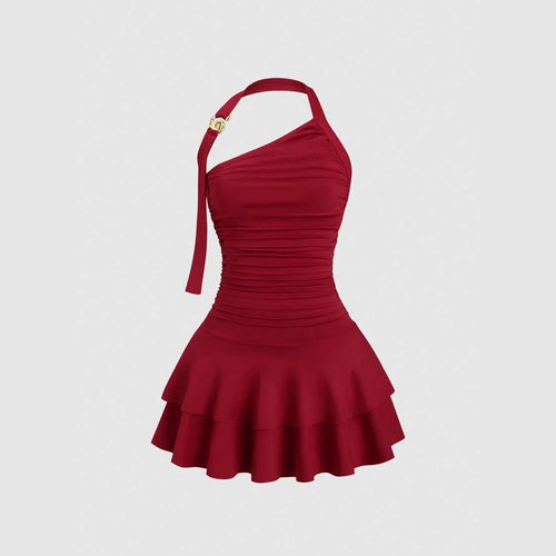 Fashionable solid color single shoulder hanging neck dress