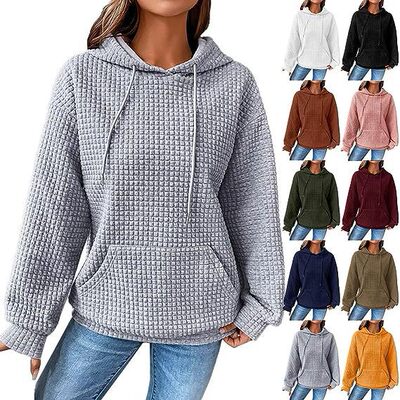 Women Small Checkered Pocket Long Sleeve Solid Color Hoodie