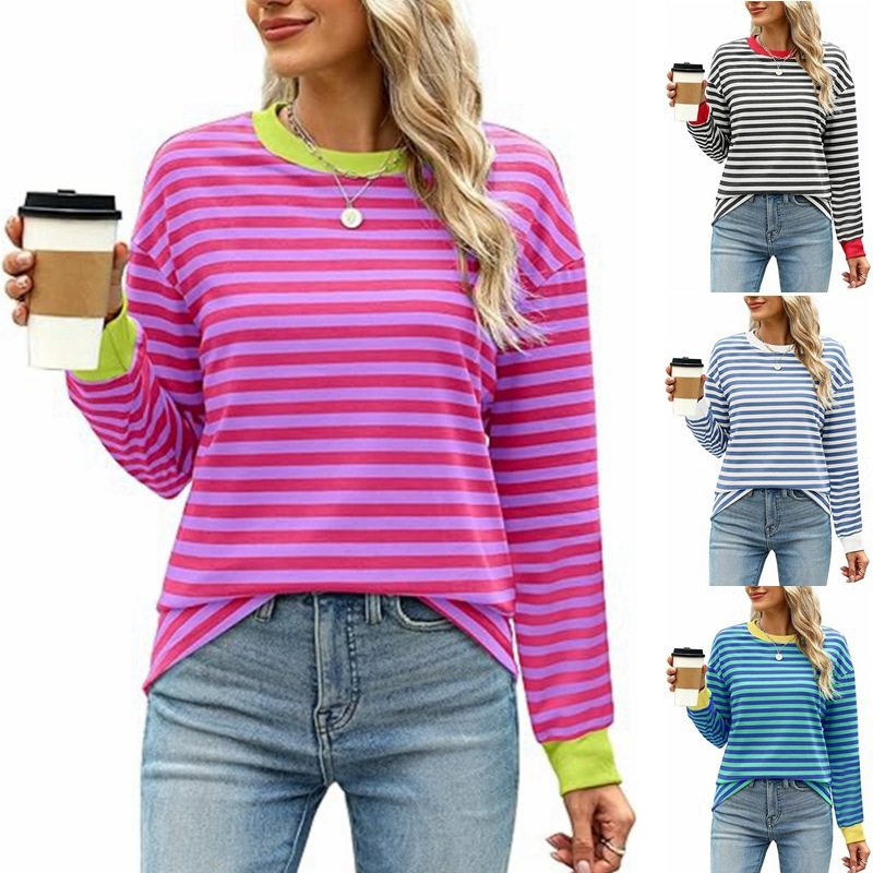 Striped pattern round neck long sleeved casual hoodie top