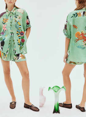 cotton and linen printed shirt+short Casual two-piece set