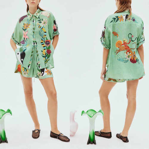 cotton and linen printed shirt+short Casual two-piece set