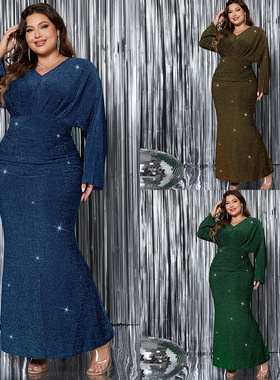Women's plus size V-neck long sleeved fishtail evening gown