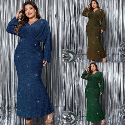 Women's plus size V-neck long sleeved fishtail evening gown