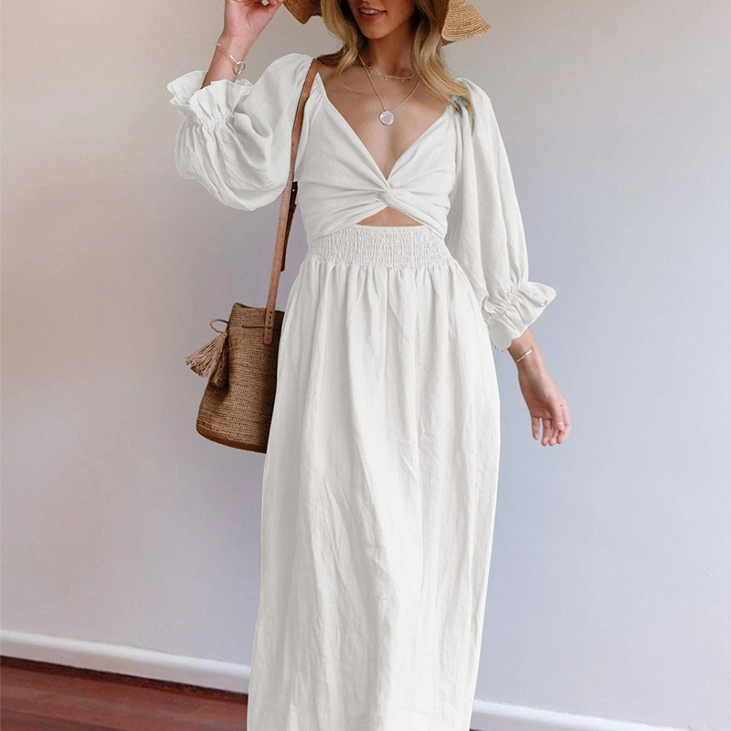 纯色裙子喇叭袖绑带连衣裙
