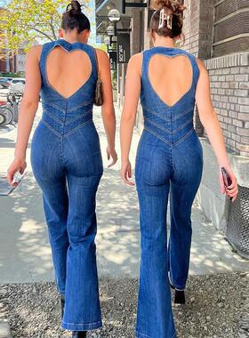 Fashion backless high waisted slightly flared denim jumpsuit