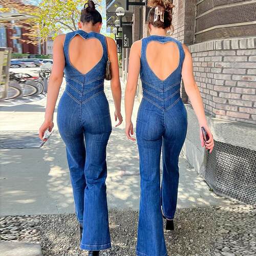 Fashion backless high waisted slightly flared denim jumpsuit