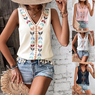 Embroidered Top Ethnic neck Hairbeard Tank Hemp Splicing