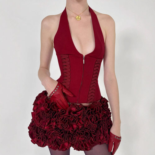 Hanging neck vest deep V sexy short top 挂脖深V性感短上衣