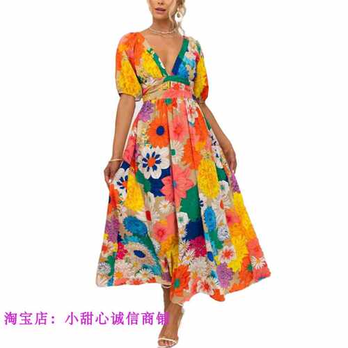 women's V-neck printed and painted bubble sleeved dress 长裙