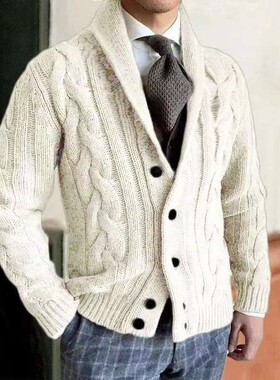 Knitted cardigan men's lapel long sleeved sweater jacket