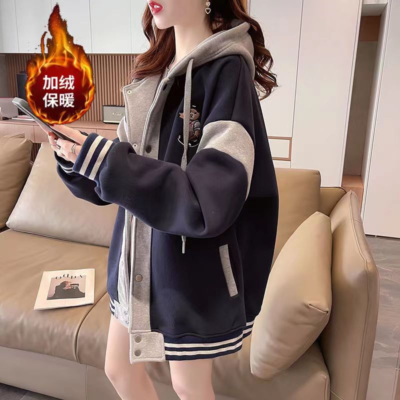 专柜清仓女童加绒加厚撞色卫衣女秋冬中长款刺绣百搭棒球服外套春