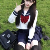 胖MM大码 设计感百搭绀色JK裙短裙水手服 长袖 JK制服套装 绀三本衬衫