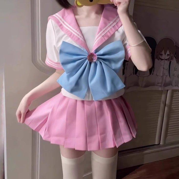 胖MM大码夏季新款粉色二本可爱水手服jk制服短袖套装日系甜美上衣