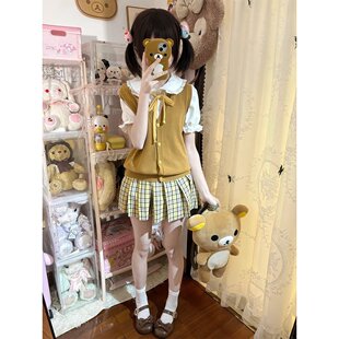 胖MM大码软妹小杏中JK格裙基础马甲叠穿夏日系V领开衫无袖毛衣女