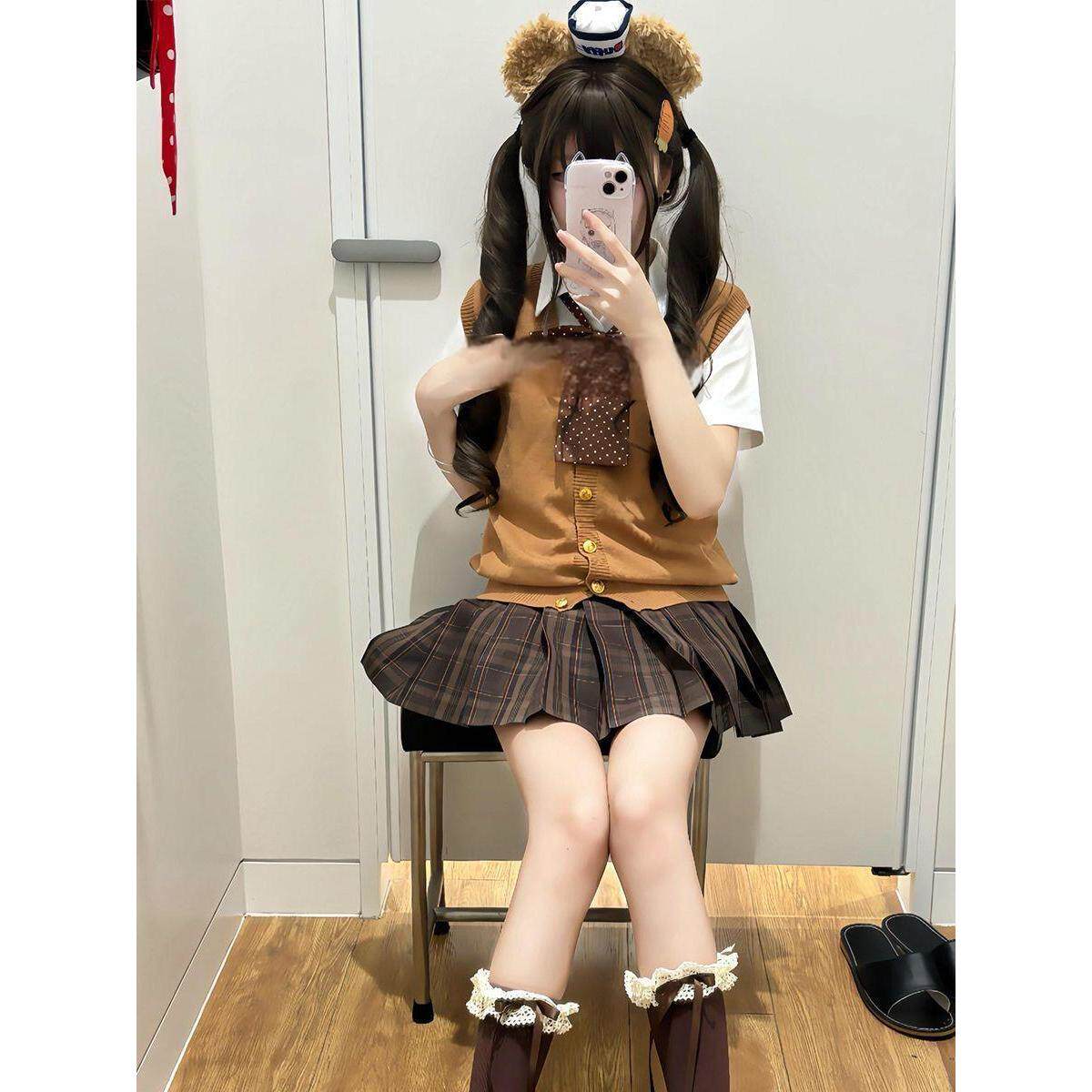 胖MM大码JK制服针织衫无袖马甲背心春秋内搭短袖衬衫jk格裙一整套