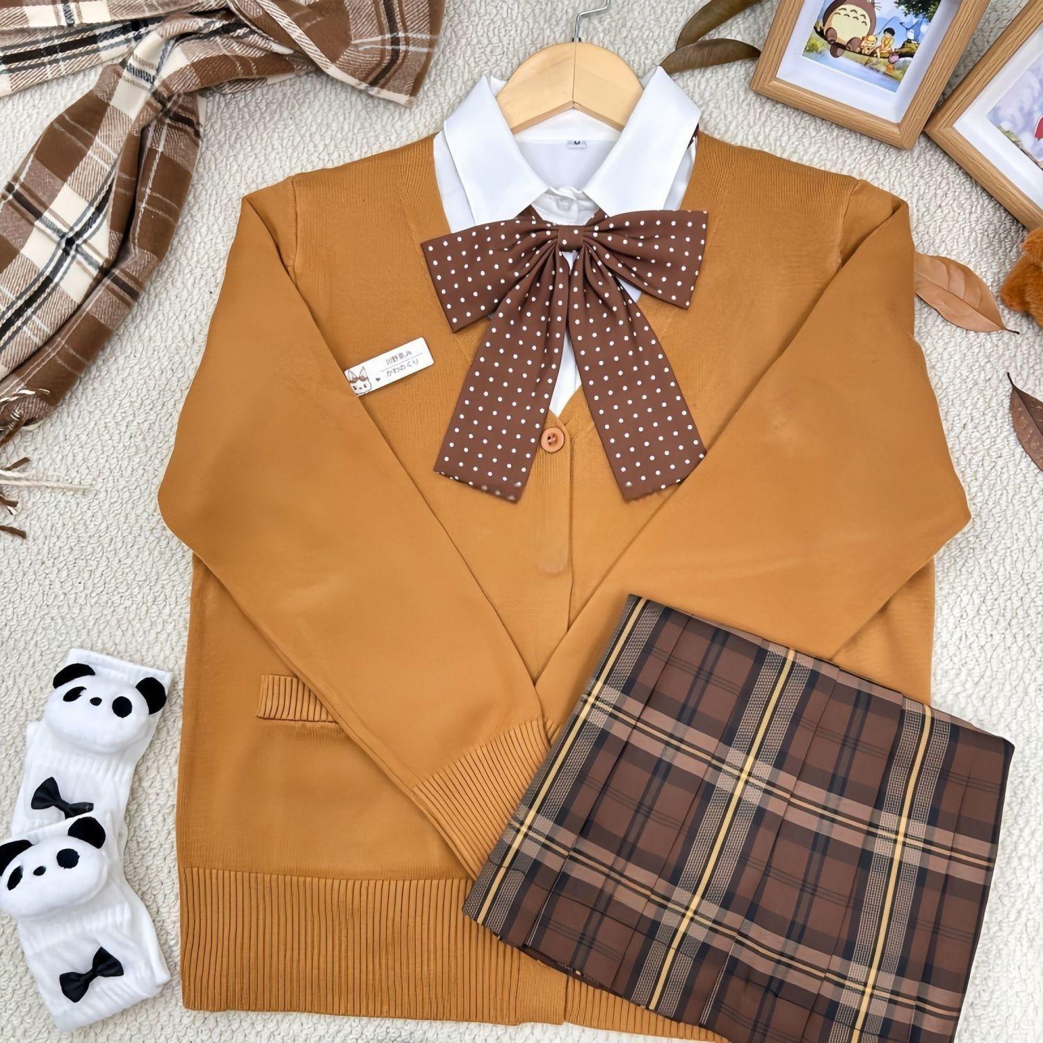 胖MM大码日系焦糖JK制服开衫秋冬套装针织格裙长袖毛衣学生校软妹