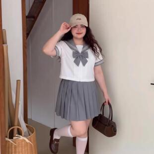 胖MM大码日系JK供感夏灰领三本学院风水手服夏灰色百褶裙校服套装