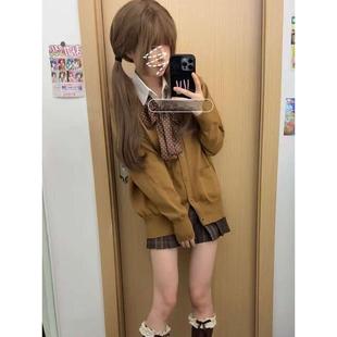 小棕格jk格裙学院风一整套装 胖MM大码 外套叠穿衬衫 开衫 棕色针织衫