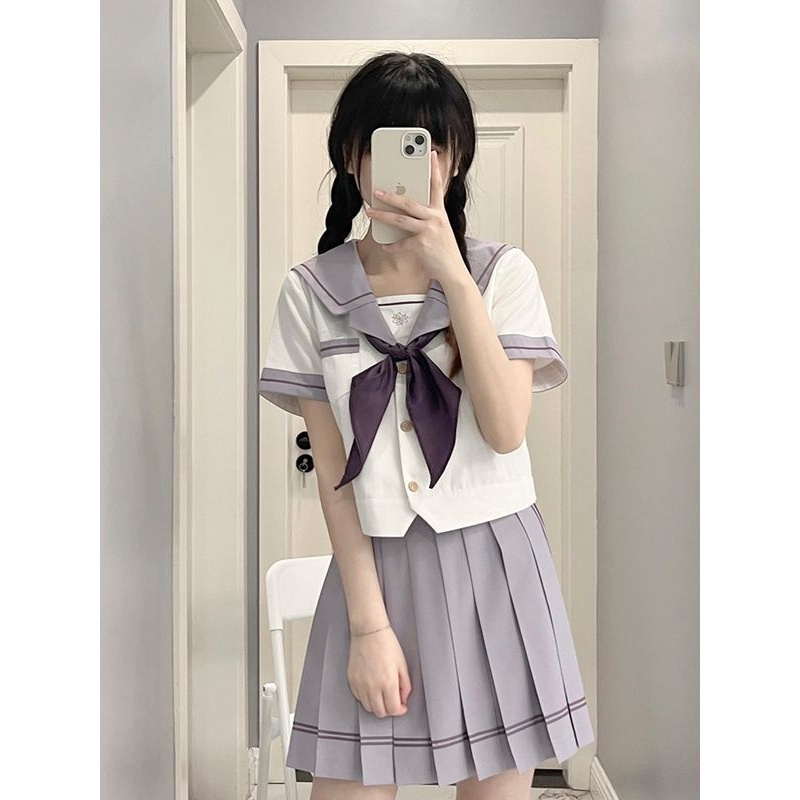 特大码女装微胖mm200斤遮肚制服水手服夏服套装短袖高校紫藤兰